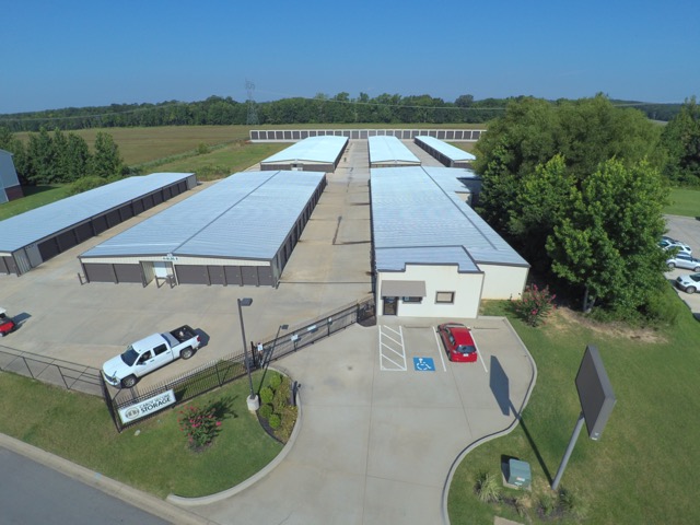 Aerial view of the storage buildings and office at Cabot Secure Storage