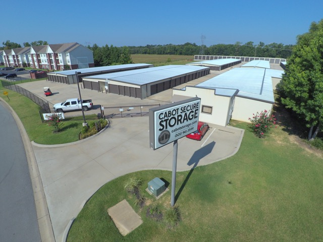 Aerial view of the Cabot Secure Storage facility and entrance sign